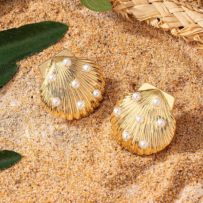 1 Pair Casual Beach Starfish Shell Inlay Alloy Pearl Drop Earrings Ear Studs