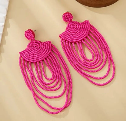 1 Pair Casual Bohemian Geometric Beaded Chain Seed Bead Drop Earrings