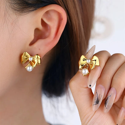 1 Pair Casual Bow Knot 304 Stainless Steel Artificial Pearls 18K Gold Plated Drop Earrings