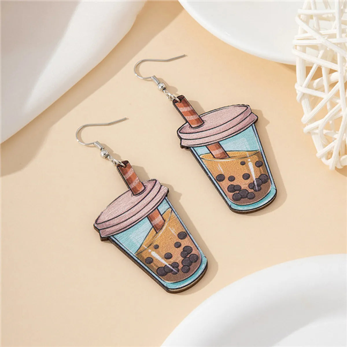 1 Pair Casual Cartoon Style Cute Milk Tea Cup Pearl Wood Drop Earrings