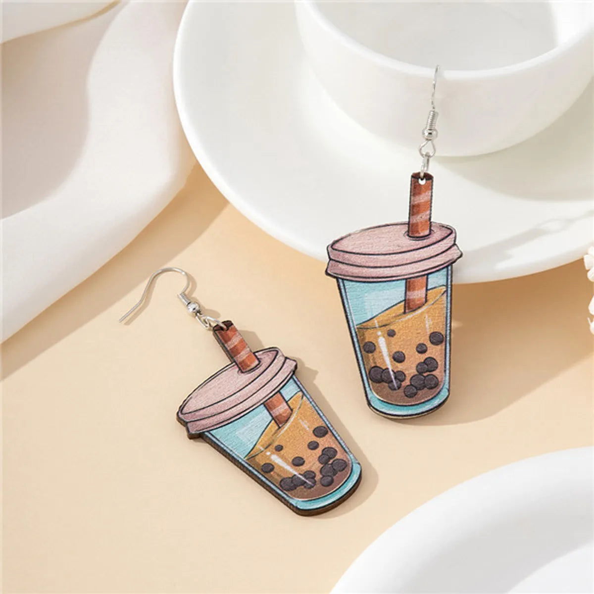 1 Pair Casual Cartoon Style Cute Milk Tea Cup Pearl Wood Drop Earrings