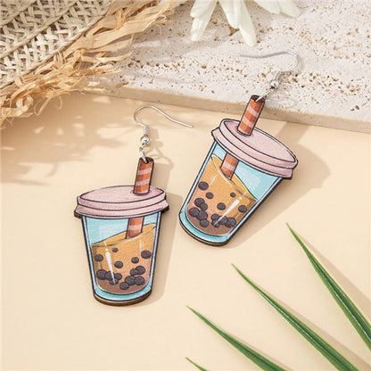 1 Pair Casual Cartoon Style Cute Milk Tea Cup Pearl Wood Drop Earrings