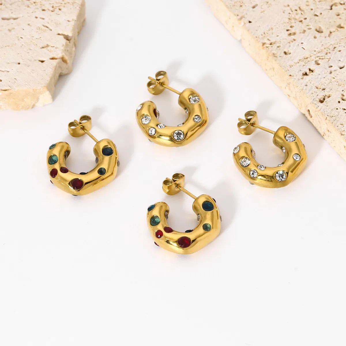 1 Pair Casual Classic Style C Shape Plating Inlay Stainless Steel Rhinestones 18k Gold Plated Ear Studs