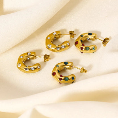 1 Pair Casual Classic Style C Shape Plating Inlay Stainless Steel Rhinestones 18k Gold Plated Ear Studs