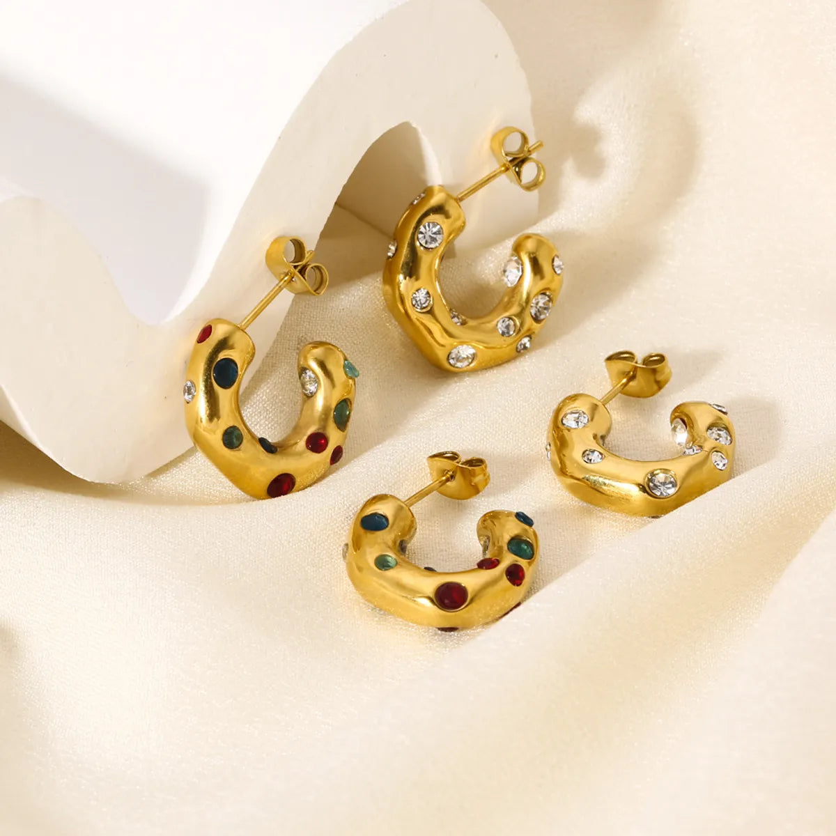 1 Pair Casual Classic Style C Shape Plating Inlay Stainless Steel Rhinestones 18k Gold Plated Ear Studs