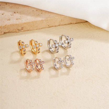 1 Pair Casual Classic Style Cross Copper Zircon Silver Plated Hoop Earrings