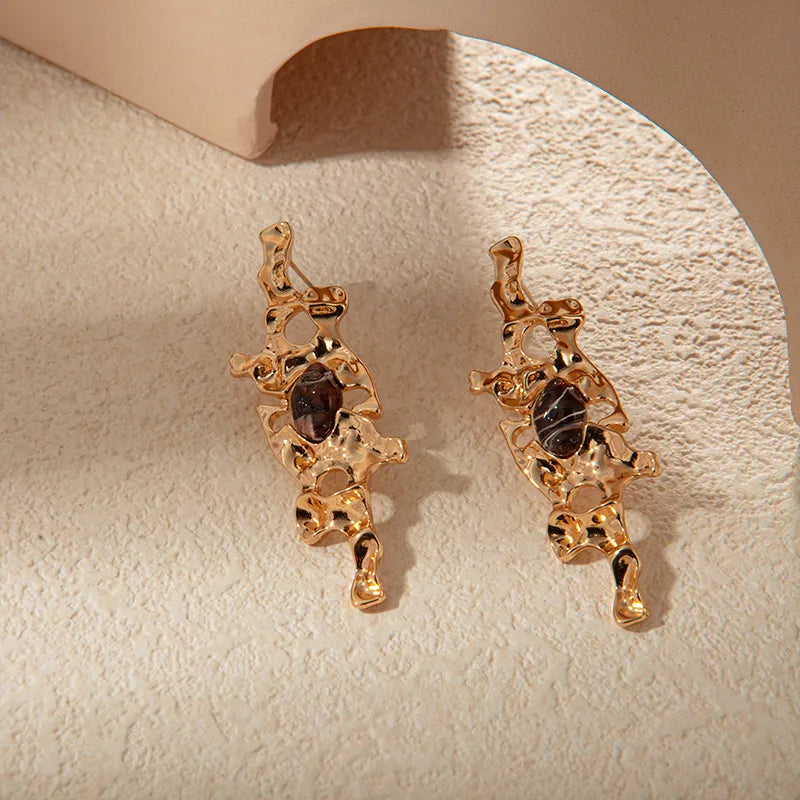 1 Pair Casual Classical Color Block Plating Carving Copper Artificial Gemstones 14K Gold Plated Drop Earrings