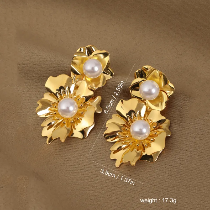 1 Pair Casual Commute Flower Inlay Copper Artificial Pearls 18K Gold Plated Drop Earrings