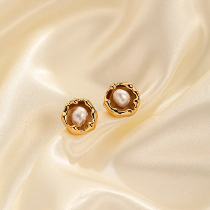 1 Pair Casual Commute Irregular Plating Inlay Copper Freshwater Pearl 18k Gold Plated Ear Studs