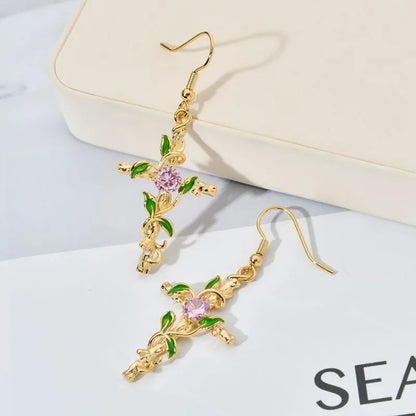 1 Pair Casual Cross Leaf Plating Metal Zircon 18k Gold Plated Drop Earrings