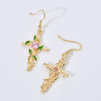 1 Pair Casual Cross Leaf Plating Metal Zircon 18k Gold Plated Drop Earrings