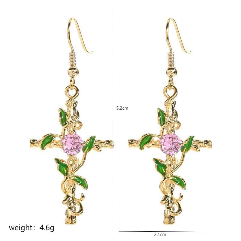 1 Pair Casual Cross Leaf Plating Metal Zircon 18k Gold Plated Drop Earrings