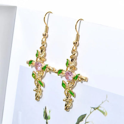 1 Pair Casual Cross Leaf Plating Metal Zircon 18k Gold Plated Drop Earrings