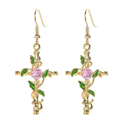 1 Pair Casual Cross Leaf Plating Metal Zircon 18k Gold Plated Drop Earrings