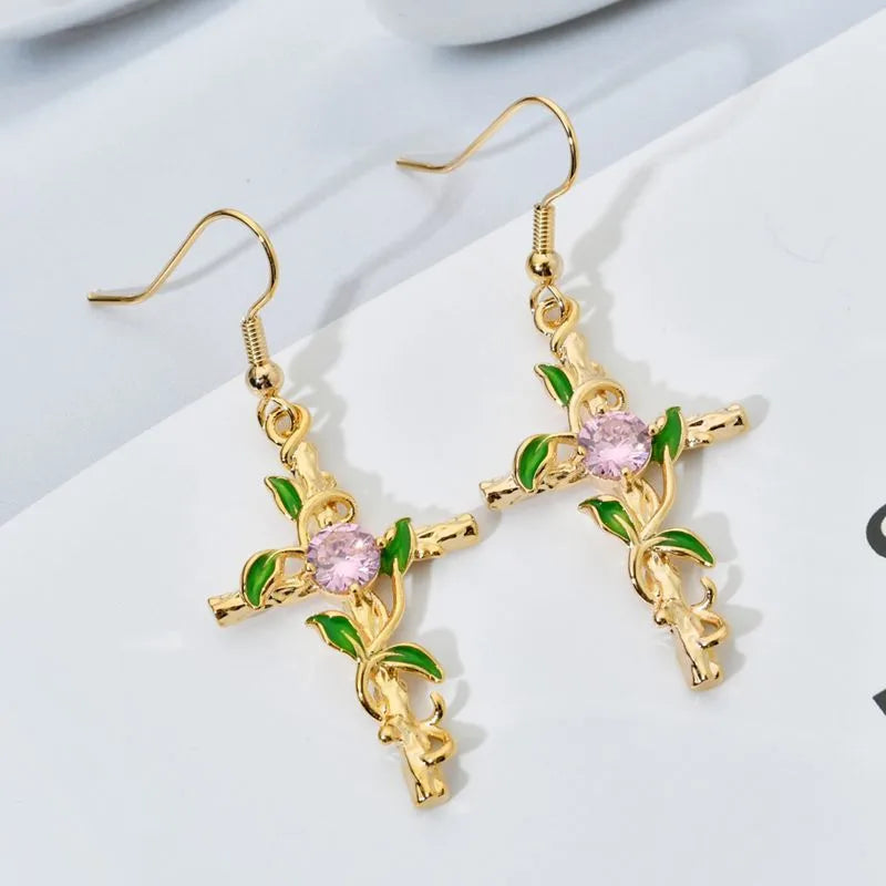 1 Pair Casual Cross Leaf Plating Metal Zircon 18k Gold Plated Drop Earrings