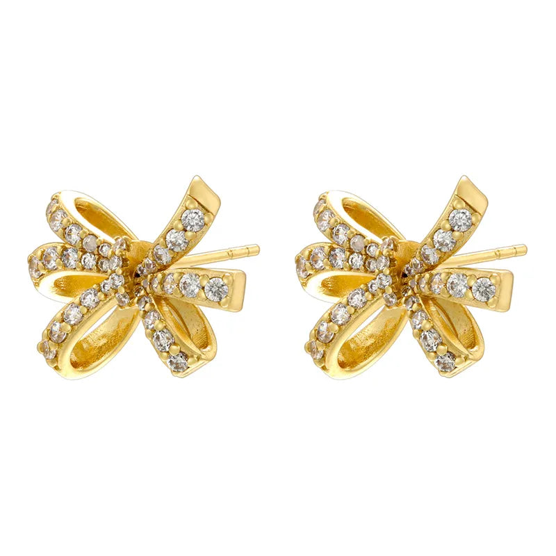 1 Pair Casual Elegant Bow Knot Inlay Copper Zircon 18K Gold Plated Ear Studs