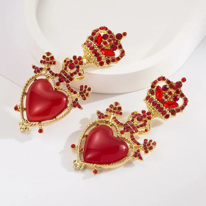 1 Pair Casual Elegant Classic Style Heart Shape Crown Inlay Alloy Resin Rhinestones Gold Plated Drop Earrings