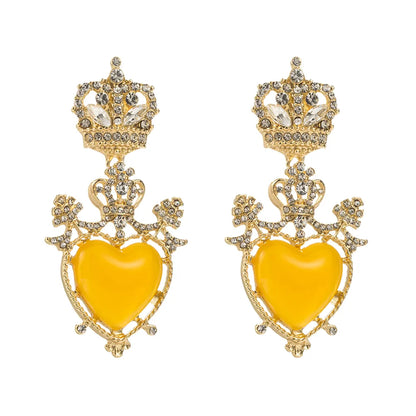 1 Pair Casual Elegant Classic Style Heart Shape Crown Inlay Alloy Resin Rhinestones Gold Plated Drop Earrings