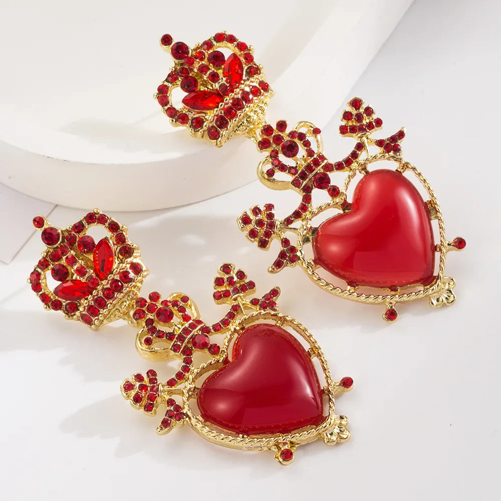 1 Pair Casual Elegant Classic Style Heart Shape Crown Inlay Alloy Resin Rhinestones Gold Plated Drop Earrings