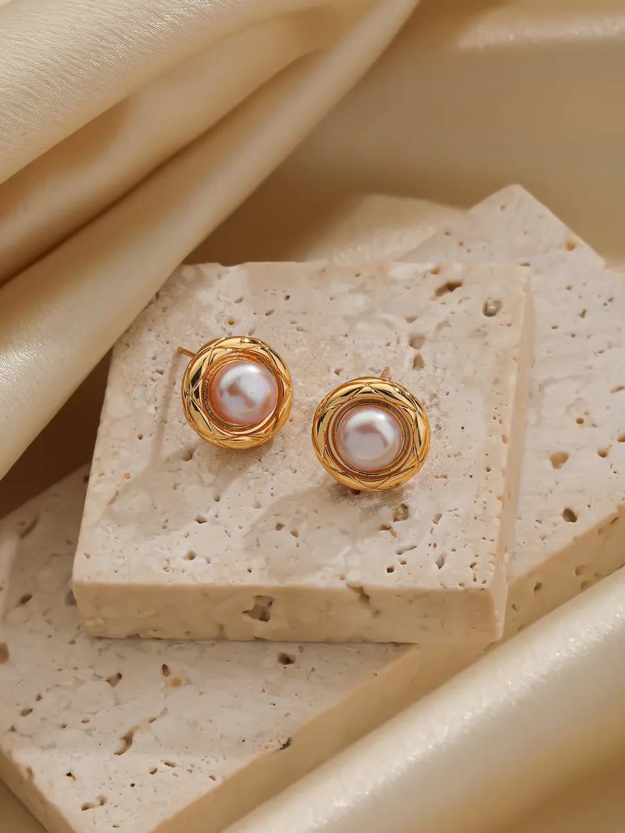 1 Pair Casual Elegant Geometric Inlay Artificial Pearl Copper Pearl 18k Gold Plated Ear Studs