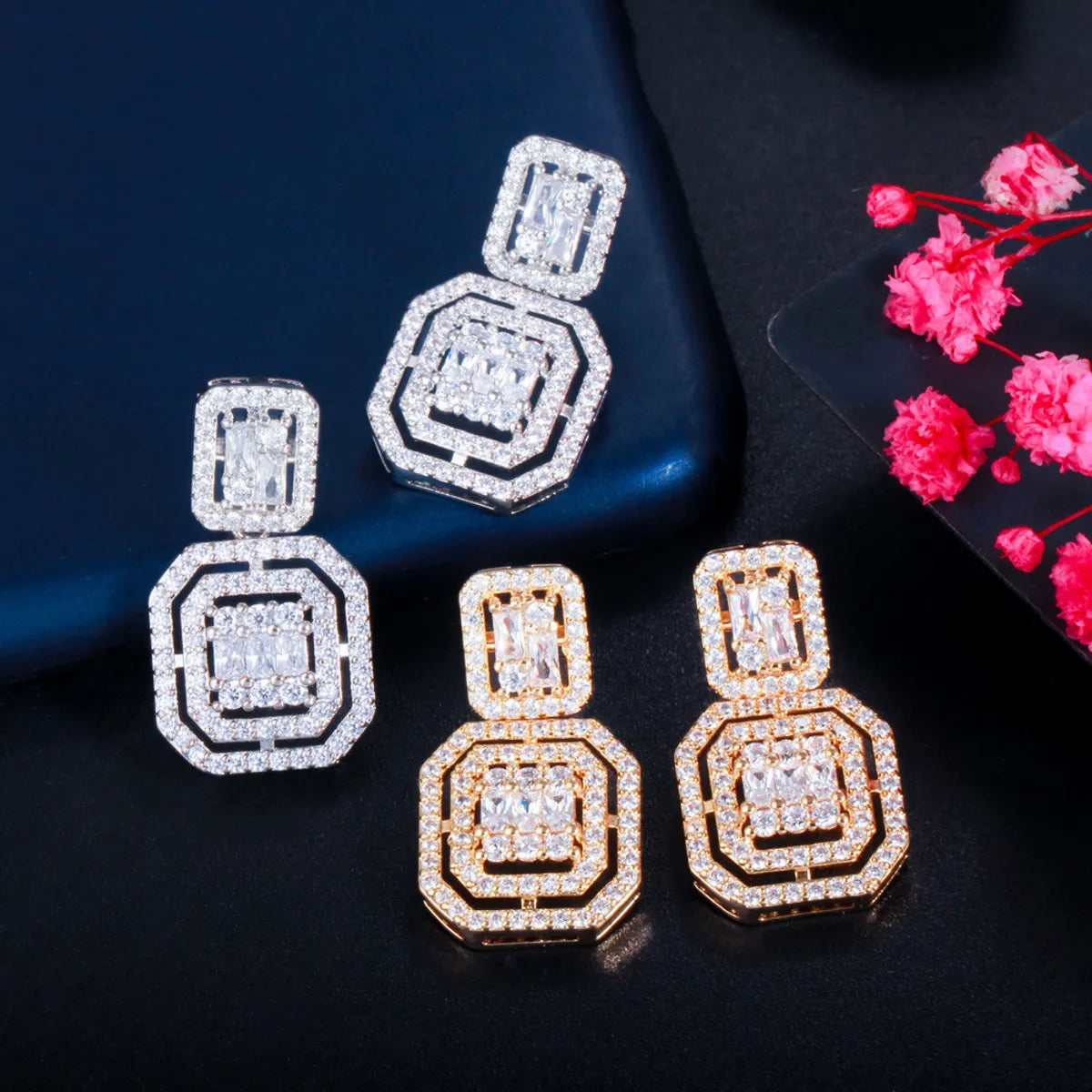 1 Pair Casual Elegant Geometric Plating Inlay Copper Zircon 14k Gold Plated Rhodium Plated Drop Earrings