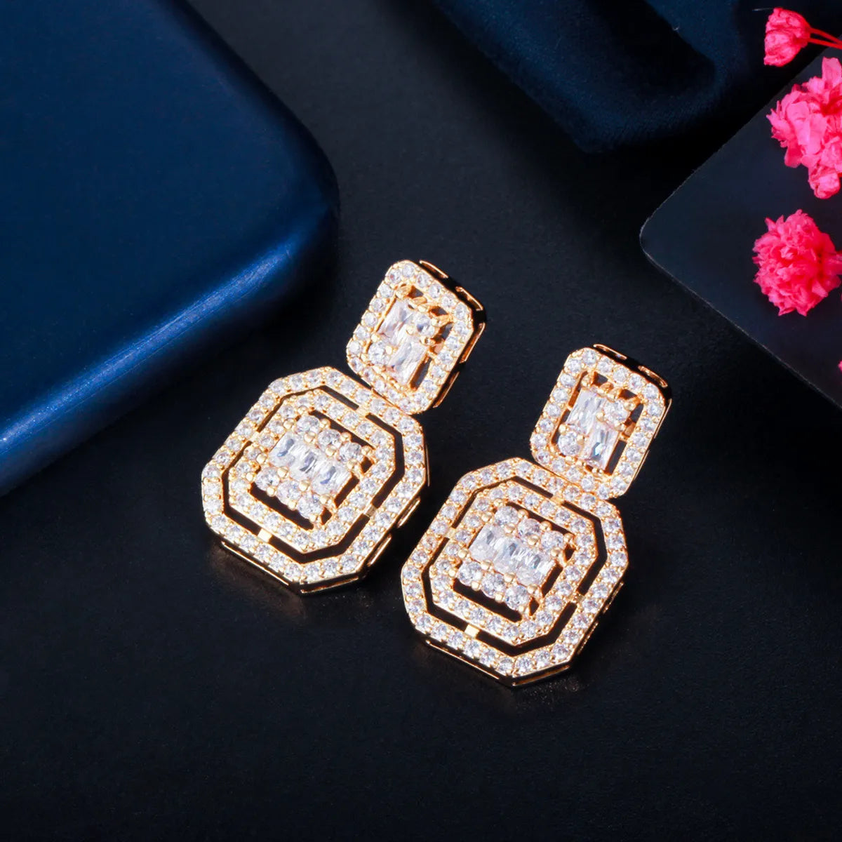 1 Pair Casual Elegant Geometric Plating Inlay Copper Zircon 14k Gold Plated Rhodium Plated Drop Earrings