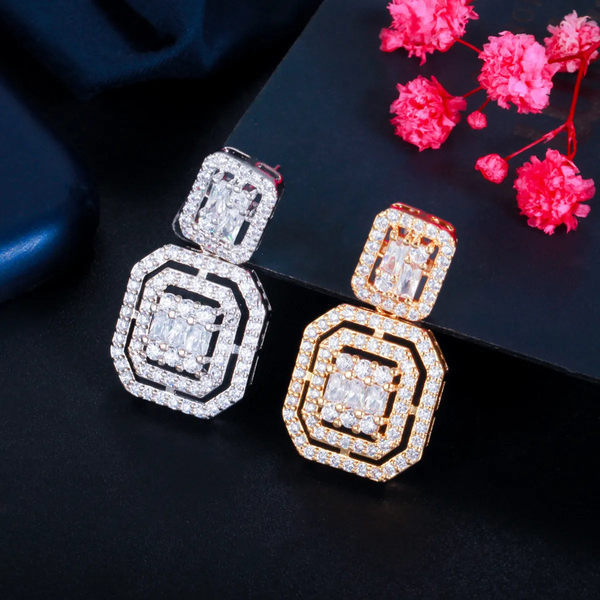 1 Pair Casual Elegant Geometric Plating Inlay Copper Zircon 14k Gold Plated Rhodium Plated Drop Earrings