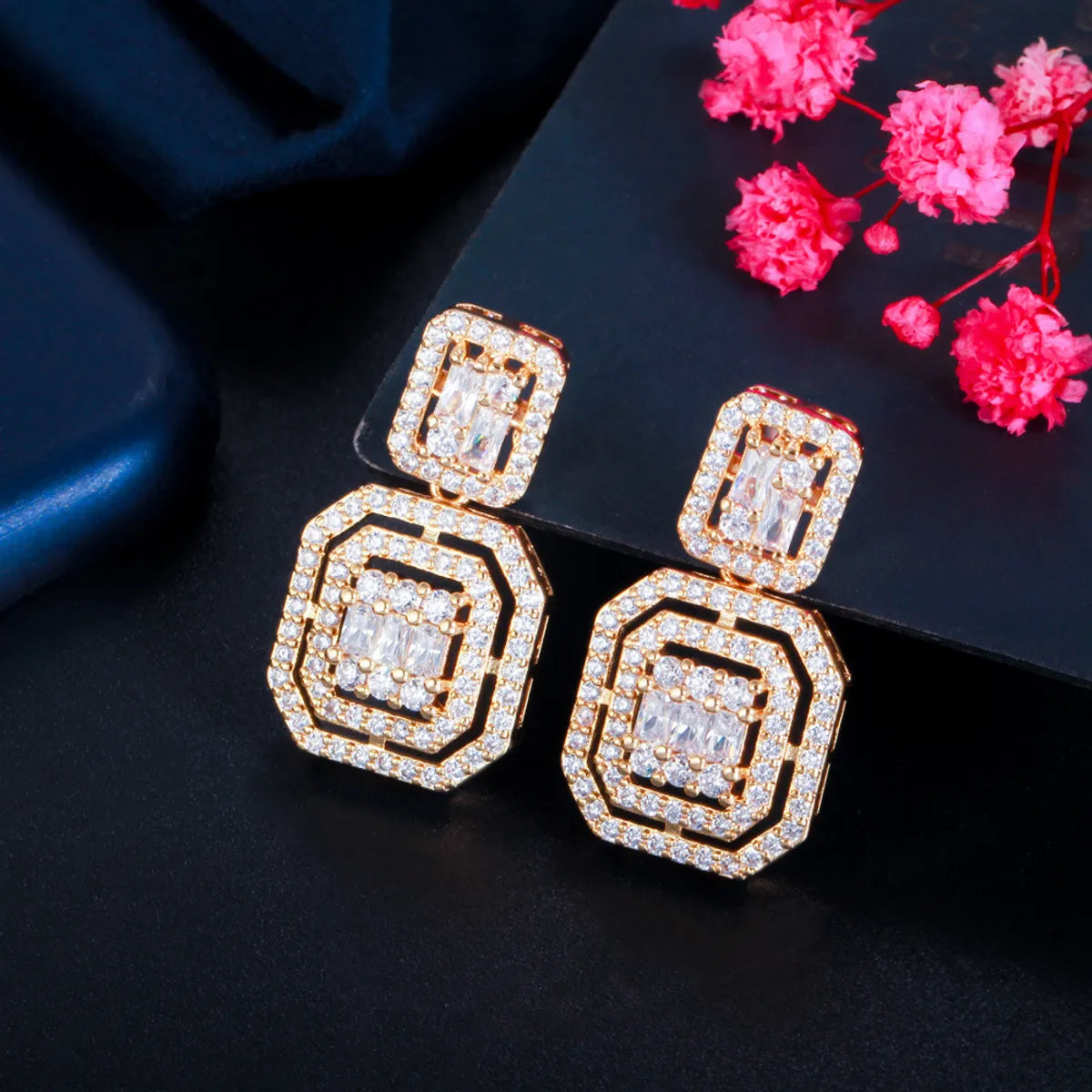 1 Pair Casual Elegant Geometric Plating Inlay Copper Zircon 14k Gold Plated Rhodium Plated Drop Earrings