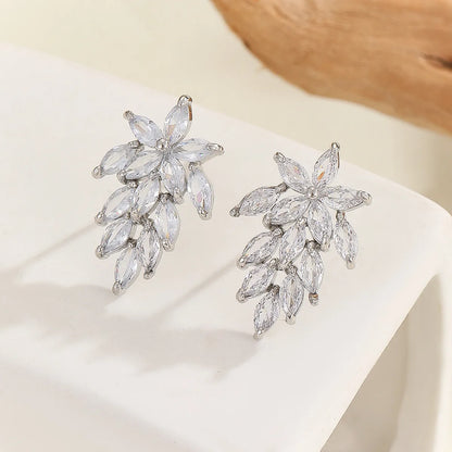 1 Pair Casual Elegant Leaves Inlay Copper Zircon Silver Plated Ear Studs