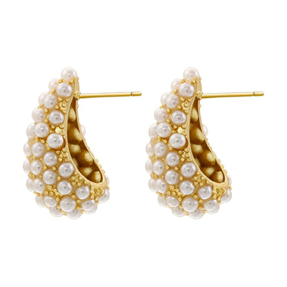 1 Pair Casual Elegant Simple Style C Shape Water Droplets Plating Inlay Copper Artificial Pearls 18k Gold Plated Earrings