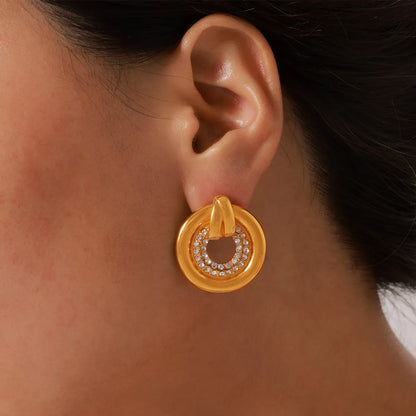 1 Pair Casual Elegant Simple Style Round Plating Inlay Titanium Steel Rhinestones 18K Gold Plated Ear Studs