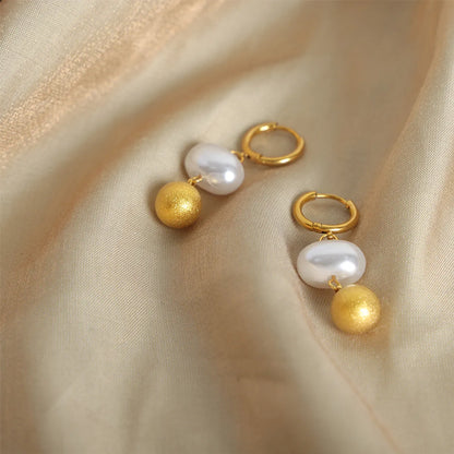 1 Pair Casual Elegant Simple Style Solid Color Beaded Plating Imitation Pearl Titanium Steel 18k Gold Plated Drop Earrings