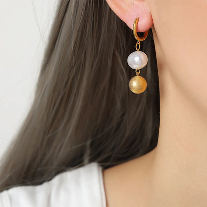 1 Pair Casual Elegant Simple Style Solid Color Beaded Plating Imitation Pearl Titanium Steel 18k Gold Plated Drop Earrings