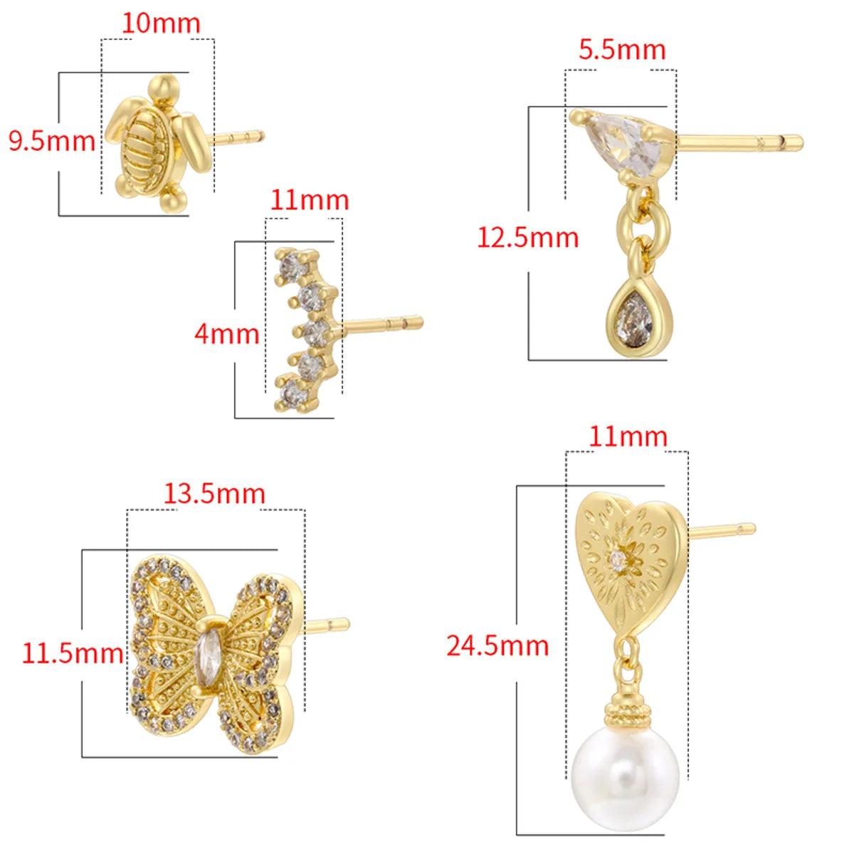 1 Pair Casual Elegant Simple Style Tortoise Butterfly Inlay Copper Zircon 18K Gold Plated Ear Studs