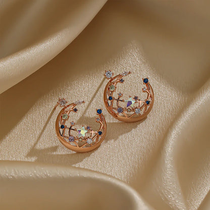 1 Pair Casual Elegant Star Moon Inlay Copper Artificial Crystal Rose Gold Plated Ear Studs