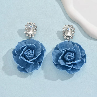 1 Pair Casual Elegant Streetwear Flower Inlay Alloy Denim Rhinestones Drop Earrings