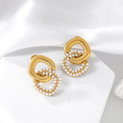 1 Pair Casual Elegant Vintage Style Ring Inlay 304 Stainless Steel Artificial Pearls 18K Gold Plated Ear Studs