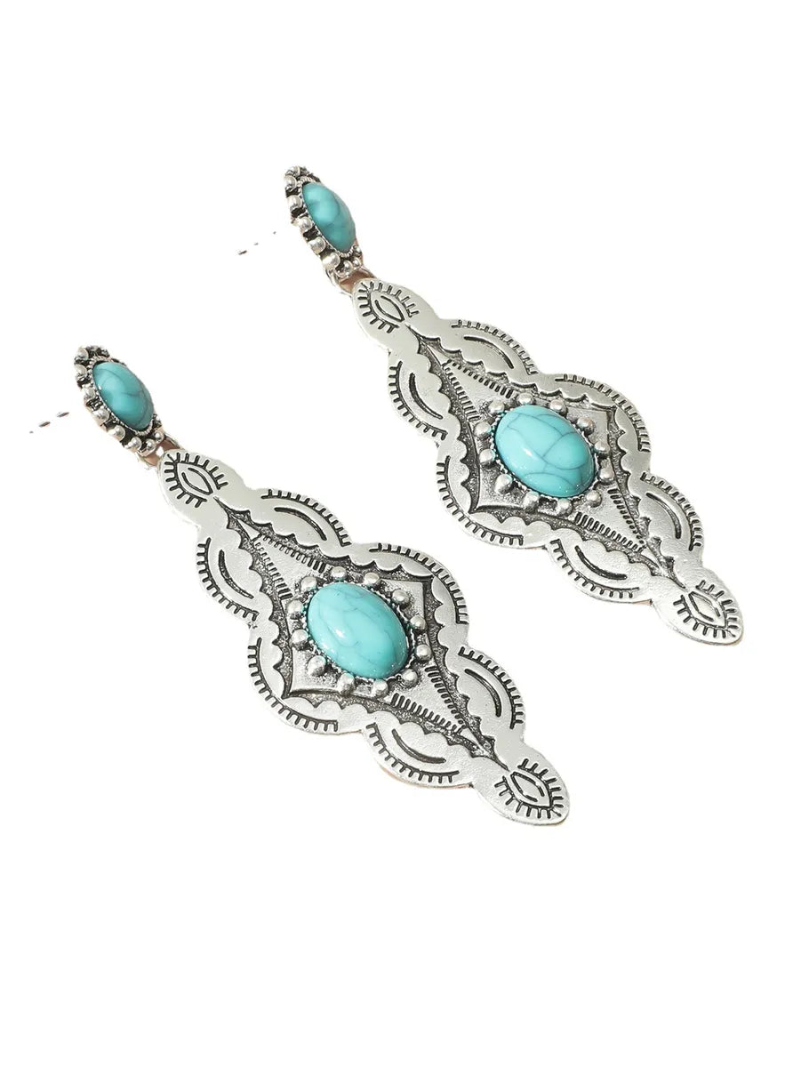 1 Pair Casual Ethnic Style Oval Plating Inlay Alloy Turquoise Drop Earrings