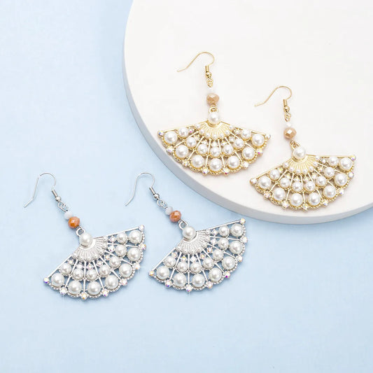 1 Pair Casual Ethnic Style Sector Hollow Out Inlay Alloy Artificial Pearls Rhinestones Drop Earrings