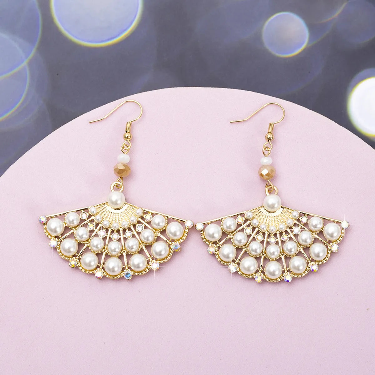 1 Pair Casual Ethnic Style Sector Hollow Out Inlay Alloy Artificial Pearls Rhinestones Drop Earrings