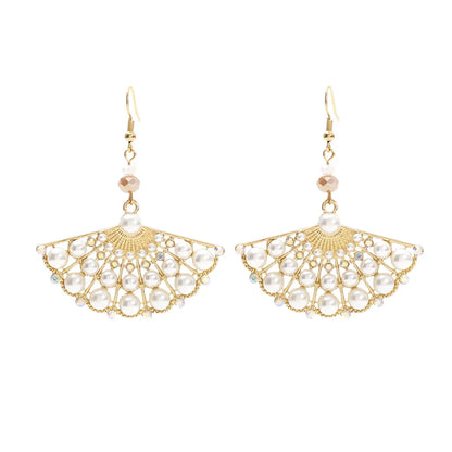 1 Pair Casual Ethnic Style Sector Hollow Out Inlay Alloy Artificial Pearls Rhinestones Drop Earrings