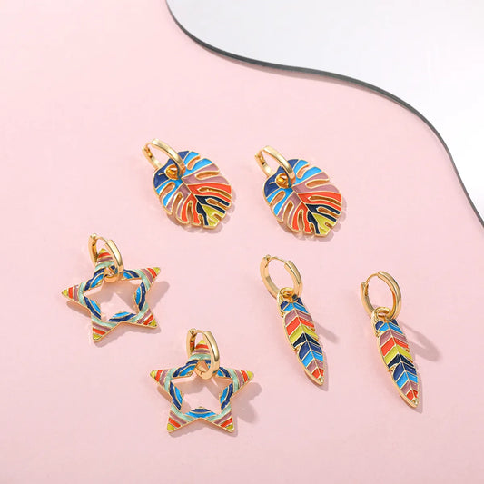 1 Pair Casual Ethnic Style Star Leaves Enamel Alloy Drop Earrings