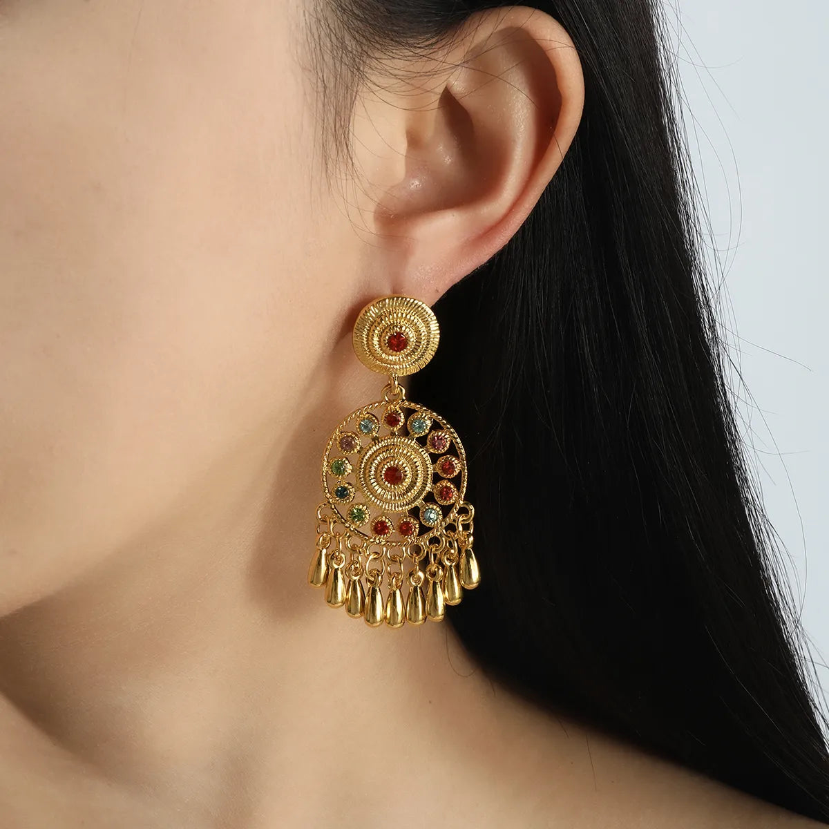 1 Pair Casual Ethnic Style Water Droplets Flower Inlay Alloy Rhinestones Drop Earrings