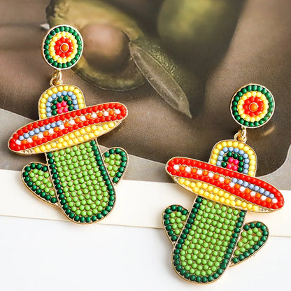 1 Pair Casual Exaggerated Ethnic Style Cactus Inlay Alloy Resin Drop Earrings