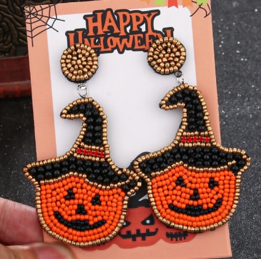 1 Pair Casual Exaggerated Streetwear Pumpkin Bat Beaded Glass Seed Bead Dangling Earrings