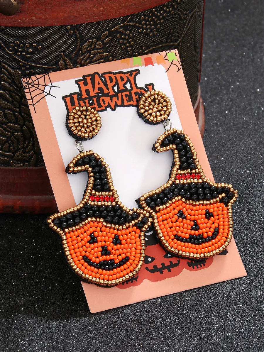 1 Pair Casual Exaggerated Streetwear Pumpkin Bat Beaded Glass Seed Bead Dangling Earrings