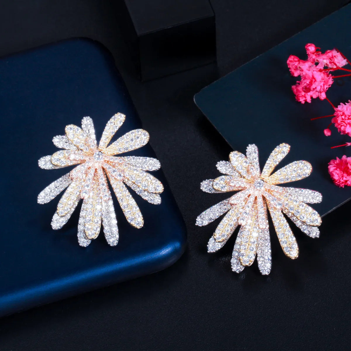 1 Pair Casual Flower Plating Inlay Copper Zircon Rhodium Plated Silver Plated Ear Studs