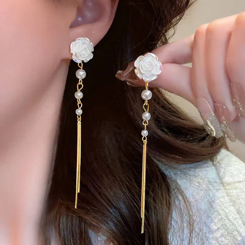 1 Pair Casual Flower Tassel Pearl Inlay Alloy Rhinestones Drop Earrings