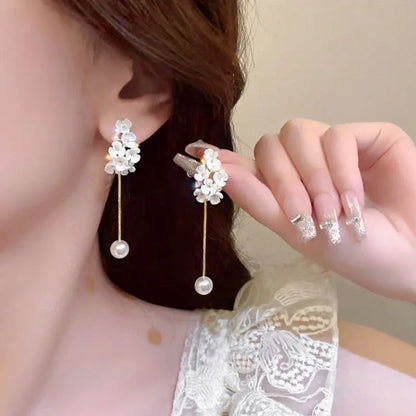 1 Pair Casual Flower Tassel Pearl Inlay Alloy Rhinestones Drop Earrings