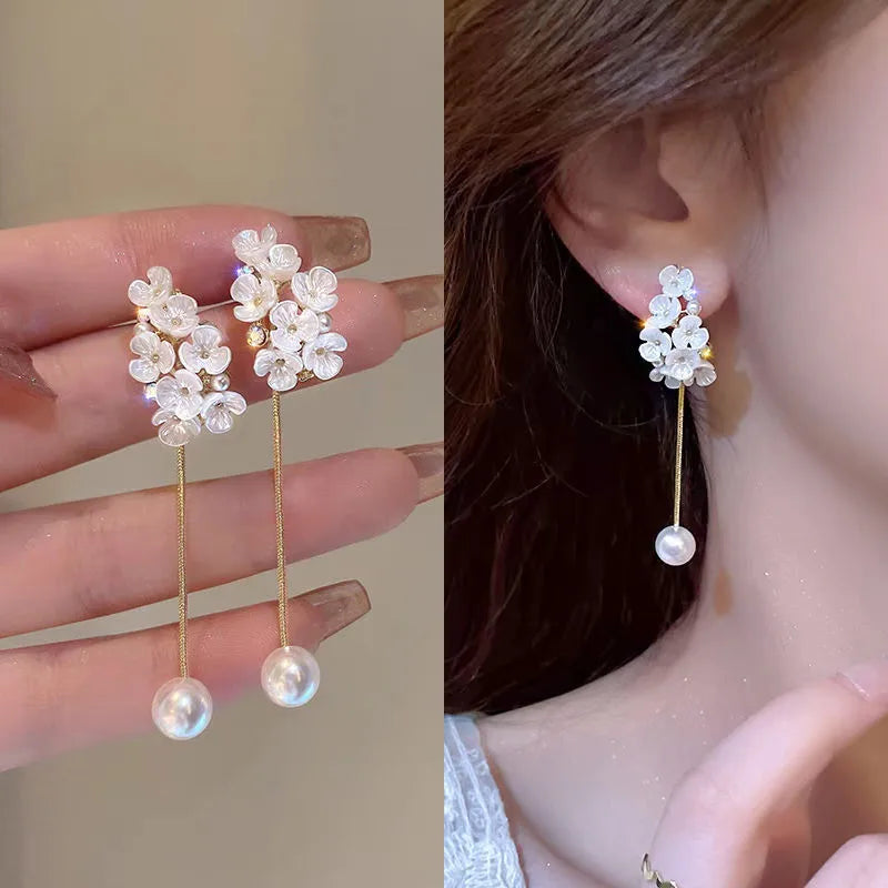 1 Pair Casual Flower Tassel Pearl Inlay Alloy Rhinestones Drop Earrings